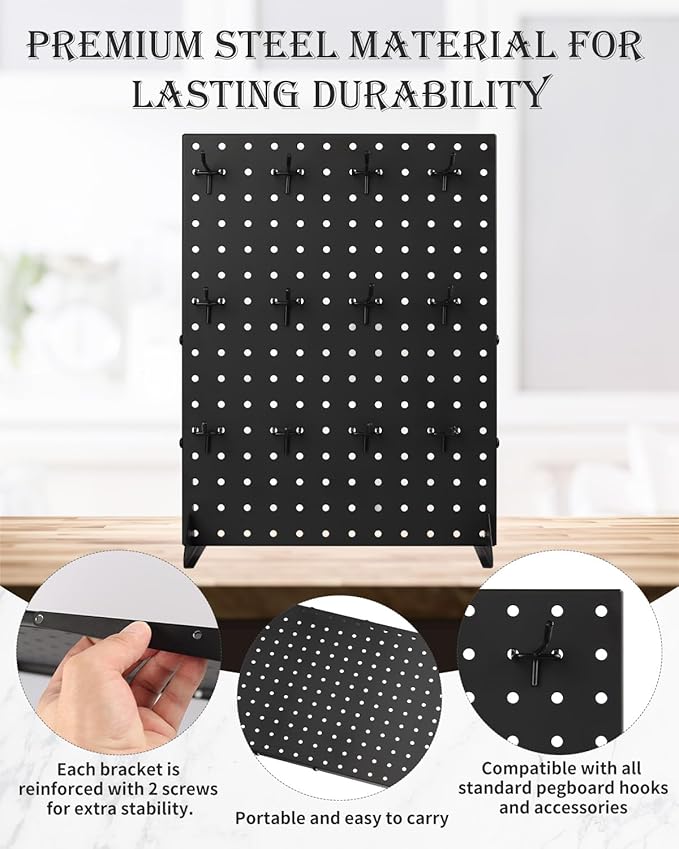 Pegboard Display Stand With 12 Pegboard Hooks for Craft Show Display Rack, Metal Merchandise Display Rack for Boutique, Retail Stores, Vendors & Events (16" X 12")