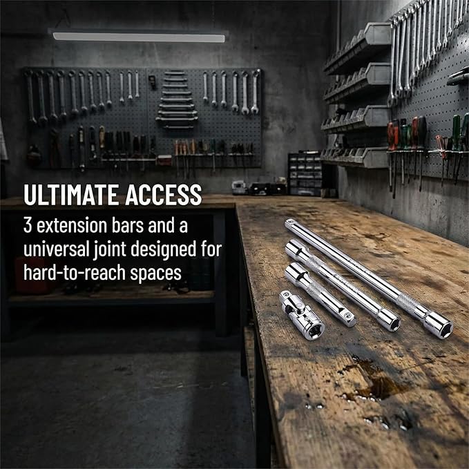 EMSTAR 4PCS 1/4" Drive Socket Extension Set, 2", 4", 6" (50mm, 100mm, 150mm) Bars with Universal Joint, Premium Cr-V Steel