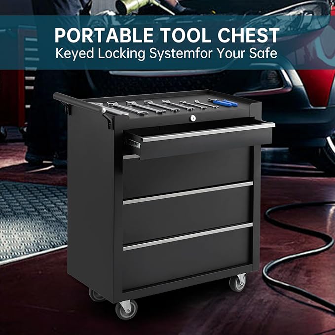GarveeLife 4-Drawer Tool Box 24" Garage Tool Box with Key Lock and Removable Drawer Liners, Wheeled Design, Suitable for Garages, Warehouses, Workshops, and Repair Shops - Black
