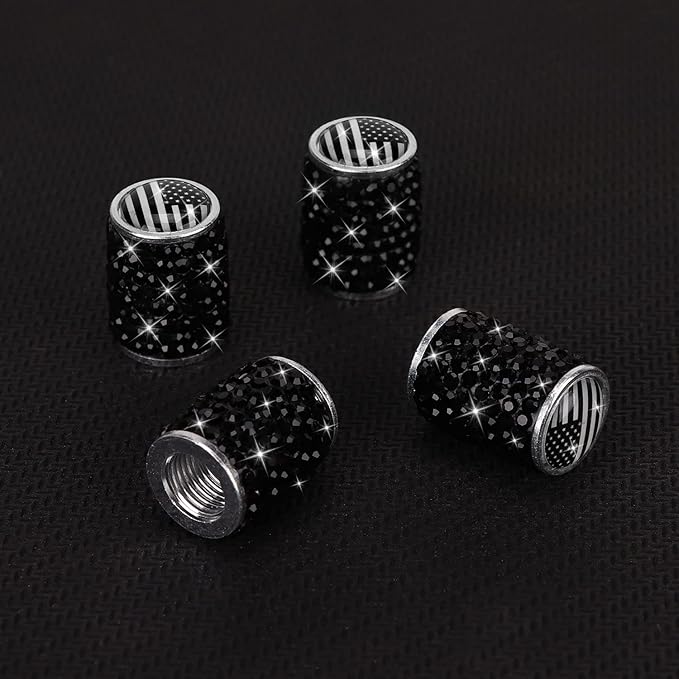 ToBeQueen Bling Black Flag Valve Stem Covers, 4 Pack Handmade Crystal Rhinestone Diamond Tire Caps Universal Dustprood Bling Flag car Accessories for Car/SUV/Motorcycle/Bike(Black American Flag)