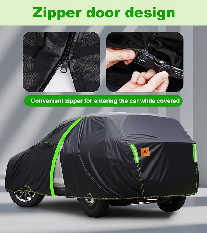 SUV Car Cover Custom Fit for Toyota Highlander 2013-2025 & 100% Waterproof with Zipper Door & Side Mirror Zipper Pockets All Weather Snowproof Rain Dust Hail UV Protection Outdoor Full Cover