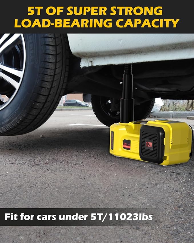 Electric Car Jack, 5 Ton 12V Digital Display Electric Jack for Car with E-Impact Wrench, Tire Inflator Pump and LED Light, (Lifting Range: 6.1~17.7 Inch) for Sedan, SUV, Truck Tire Change Replacement
