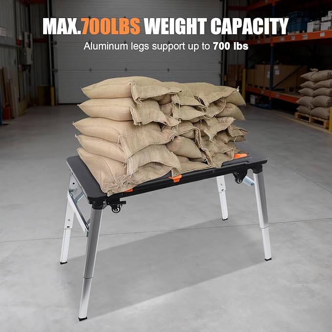 7 in 1 Work Benches Multifunctional Folding Work Table for Garage, Portable Workbench, Sawhorse, Scaffold, Platform, Mobile Workbench, Dolly and Hand Truck with 4 Wheels