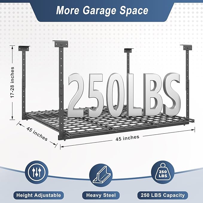 Jusgym 45-Inch x 45-Inch Overhead Garage Storage Rack, 17"-28" Height Adjustable Garage Ceiling Storage Racks, Heavy Duty Storage Organizer System, 250LBS Weight Capacity, Black