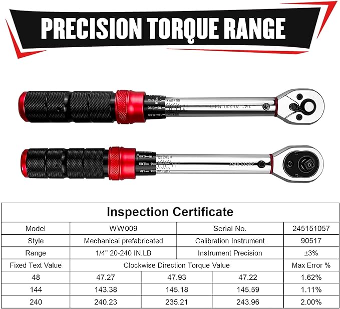 YIYITOOLS 27Pcs 1/4 Inch Drive Click Torque Wrench Set, Bike Maintenance Kit with Bit Sockets, Adapter, Universal Joint & Extension Bar, 2.3-27.1NM (20-240IN.LB) ±3% Precision