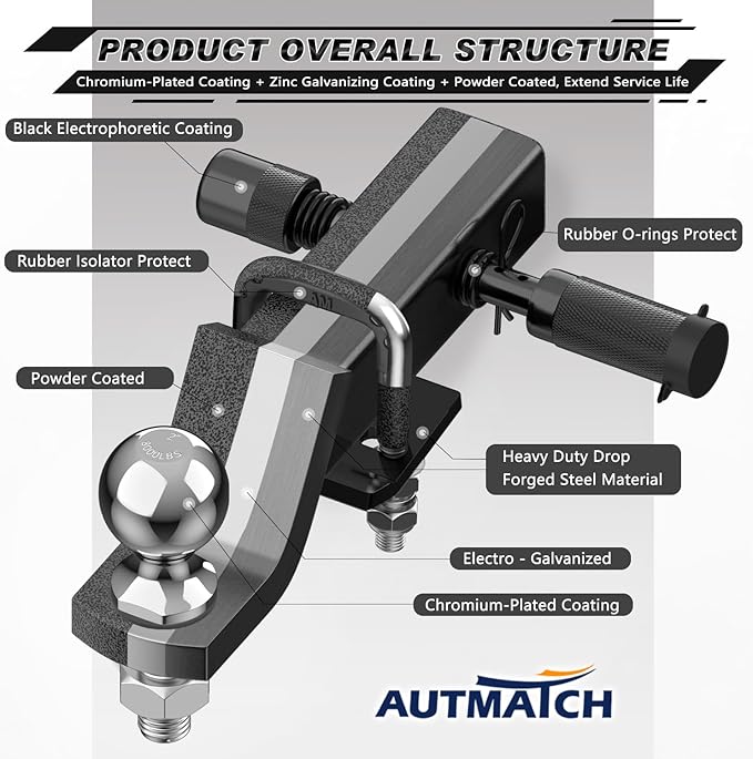 AUTMATCH Trailer Hitch Ball Mount with 2 Inch Hitch Ball - Fits 2" Receiver with Hitch Tightener, 8000Lbs Capacity Ball Hitch, 2-Inch Drop with 5/8" Hitch Lock Pin, Grainstone