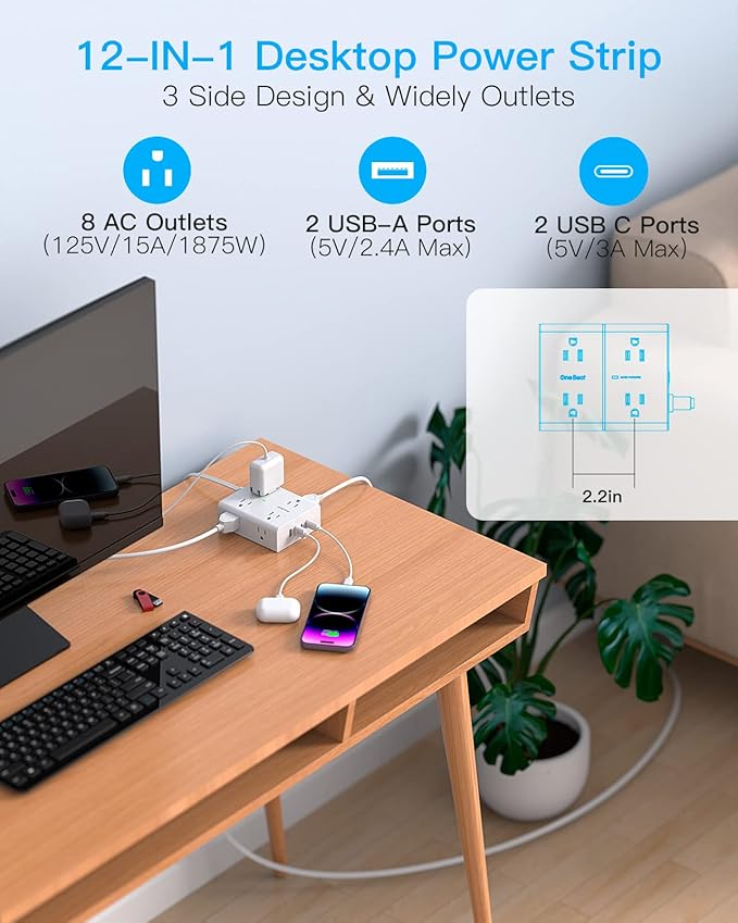 6Ft Extension Cord with Multiple Outlets, Flat Plug Surge Protector Power Strip 6 Ft Long Cord, 8 Outlets & 4 USB Ports (2 USB C), Desk Charging Station for Home Office, College Dorm Room Essentials