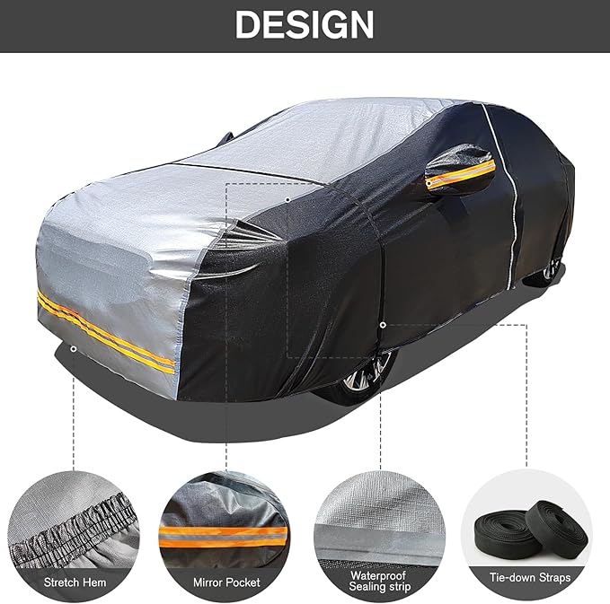 6 Layers Car Cover Waterproof All Weather Car Cover Waterproof All Weather, Outdoor Full Exterior Cover Rain Sun UV Snowproof Protection with Zipper Cotton for Sedan (190-195 inch)