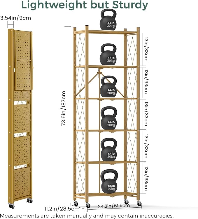 DEANIC 6-Shelf Folding Bookcase with Wheels, Heavy Duty Storage Shelves, Freestanding Metal Wire Shelving Unit for Living Room, Office, Kitchen, Basement, Pantry (Gold)