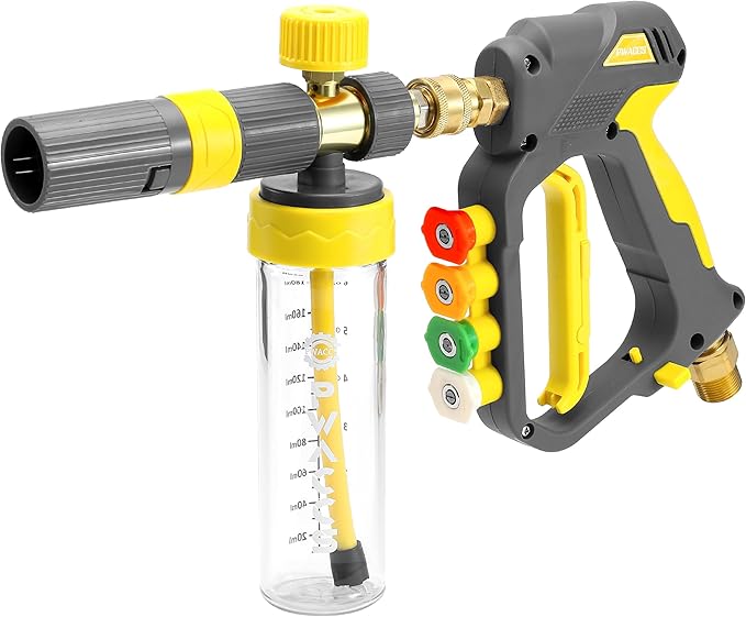 PWACCS Pressure Washer Small No-Dilution Foam Cannon Pro with Short Gun, Power Washer Soap Foam Gun with 4 Spray Nozzles for Car Wash