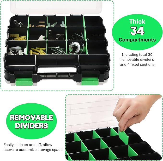 Small Parts Organizer 2 Pack | Storage Case Tools Box 34-Compartments Double Side Organizer Box with Removable Dividers for Small Hardware, Screws, Bolts, Nuts, Nails, Beads (Green)
