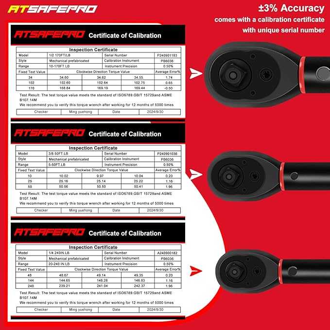 Torque Wrench Set,1/4 3/8 1/2-inch Drive Torque Wrench-20-240 in.lb,5-50 ft.lb,10-170 ft.lb,72-Tooth Dual Range Scales and Dual-Direction Adjustable Torque Wrench for Bike, Moto and Car Maintenance