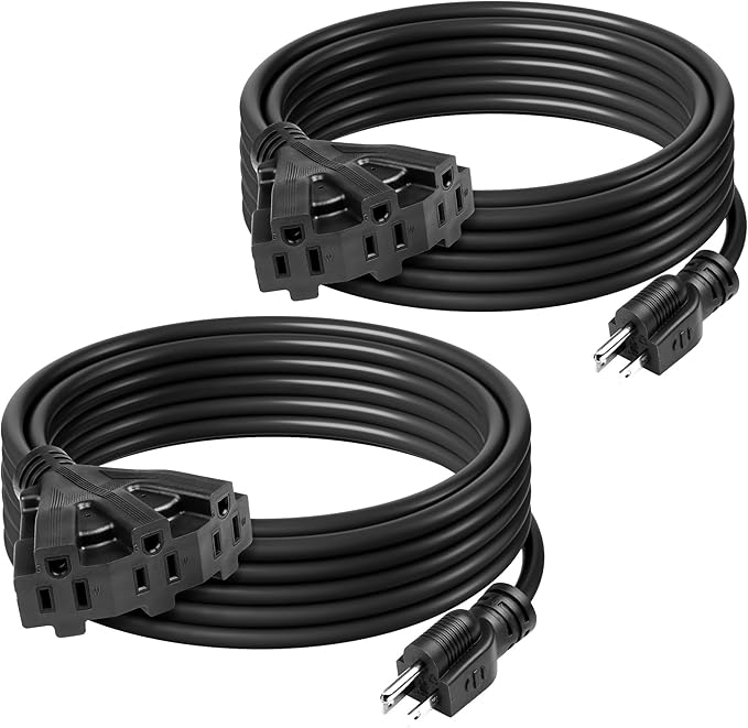 BN-Link's 2 Pack Outdoor Extension Cord Set is Ideal for Holiday Yard Decorations and Garden Equipment. with Three outlets You can Plug in Loads up to a Total of 13amps/1625watts. (Black, 25ft)