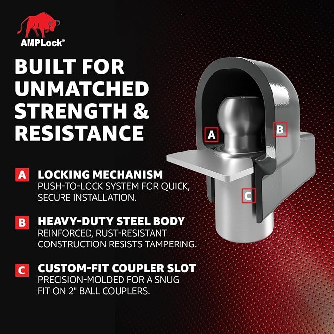 AMPLock - U-BRA2 Heavy Duty Trailer Coupler Lock - 2" Anti-Theft Trailer Hitch Lock for RVs, Boats & Cargo Trailers - Ball Coupler Lock with Round Edges, Patented 2-Part Push-to-Lock System