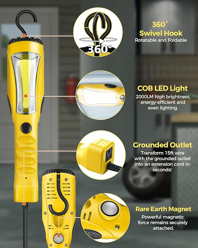 18W LED Work Light, 15FT 2000LM COB LED Light, Handheld Underhood Trouble Light with Cord 16 Gauge SJTW, Swivel Hook, for Garage, Workshop, Car Repair Scene, ETL Listed, Yellow Y03WL06
