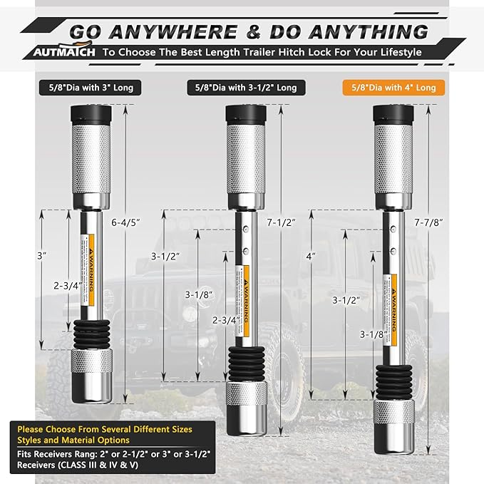 AUTMATCH Trailer Hitch Lock 5/8" - 4" Extra Long Span & Anti-Theft Hitch Locking Pin, Fits Class III IV V 2"-3.5" Receivers, Heavy Duty Towing Lock Pin for Jeep, Trailer, Truck, RV, Bike Rack, Silver