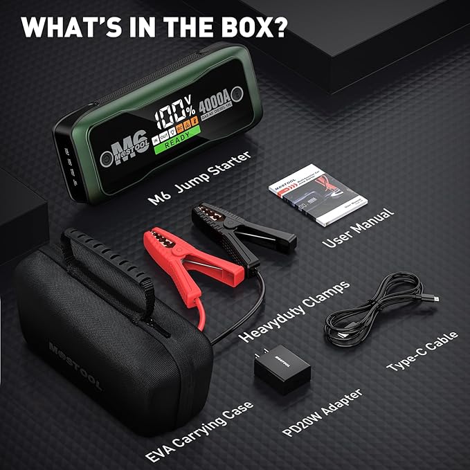 MOSTOOL M6 4000A Portable Jump Starter with AC Adapter, Startup to All Gas and 10.0L Diesel Engines, Battery Jumper Starter Portable for 12V Car Battery Jump, Smart LCD Screen Jump Box for Car, Green