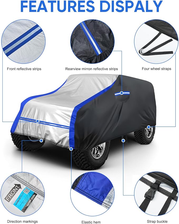 NOVSIGHT Car Cover for Jeep Wrangler 2 Door (2007–2025 JK JKU JL JLU), Waterproof All Weather Outdoor Cover, 6-Layer Heavy Duty, 60 MPH Windproof Straps, Reflective Strips, Soft Lining