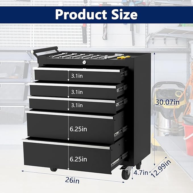 IDEALHOUSE Rolling Tool Chest, 5 Drawers Tool Storage Cabinet, Toolbox with Wheels, Portable Tool Cabinet Organizer with Locking System & Drawer Liners, Tool Storage Cart for Garage, Workshop, Black