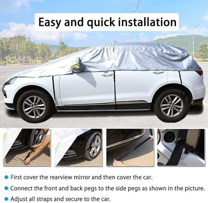 Half Car Cover All Weather Car Body Cover Sunshade Cover Snow Cover Waterproof Snowproof Universal 210D Oxford Fabric (Fit Hatchback Length 158'' to 173'')