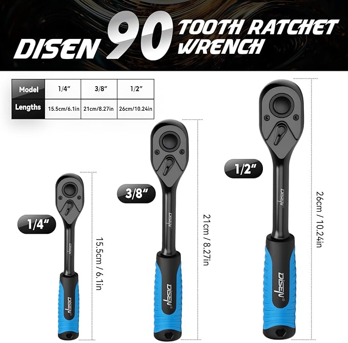 DISEN 3PCS Black Ratchet Set (1/2", 3/8", 1/4" Drive) - 90-Tooth Drive Ratchet Socket Wrench Reversible with Non-slip Rubber Grip, Quick Release & EVA Tray - Professional Ratchet Wrench Handle Kit