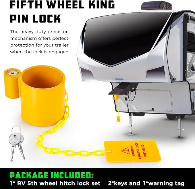 BYERN AUTO 5th Wheel King Pin Lock, Heavy Duty King Pin Lock with Anti-Theft Warning Tag & 2 Keys for RVs, Container Trailers and Campers, Extremely Durable (Yellow)