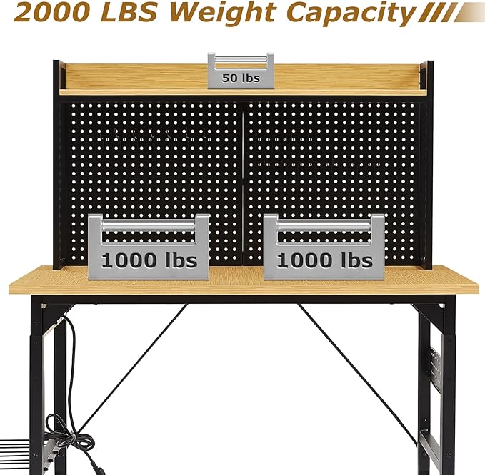 Zevemomo 48" Adjustable Height Workbench with Pegboard, Work Benches for Garage, Heavy Duty Wood Top Work Bench with Wheels, 2000 LBS Load Capacity, Rolling Work Table with Outlet Storage Shelf Hooks