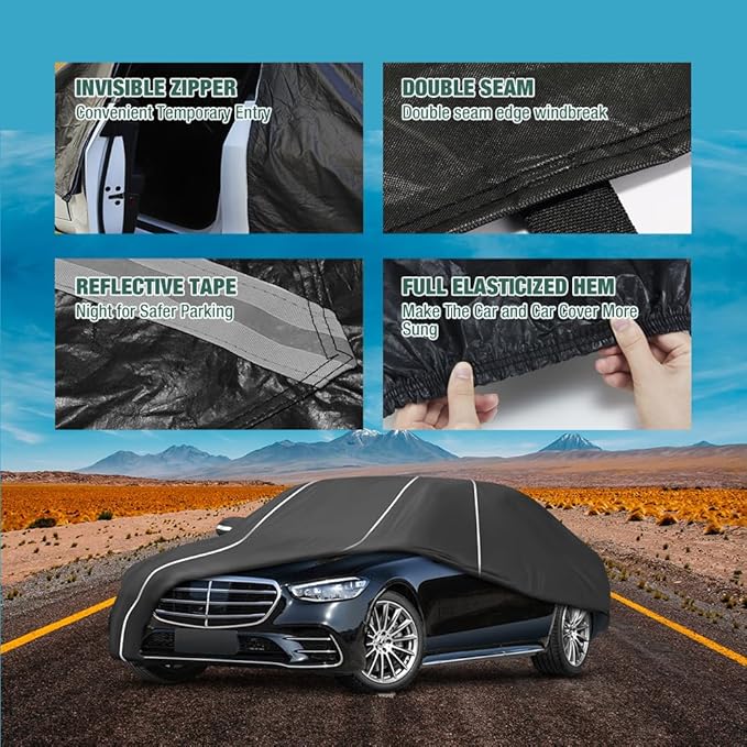 Fluorescent Strip Design 6 Layers Waterproof Car Cover Compatible for Mercedes Benz S-Class S250 S300 S350 S400 S450 2006-2024 All Weather Full Car Cover with Storage Bag