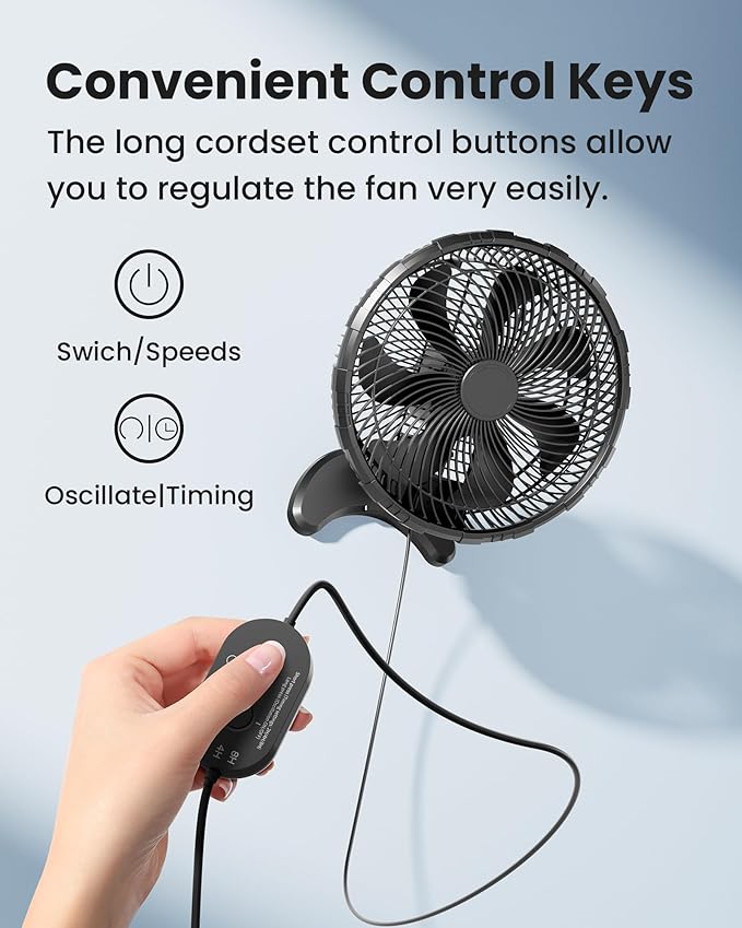 Koonie 12 Inch Wall Mount Fan, Quiet Wall Fan with Timer, 9.8ft Wired Remote, 80° Oscillation, 100° Adjustable, 3 Speeds High Velocity for RV Bedroom Kitchen Office Garage