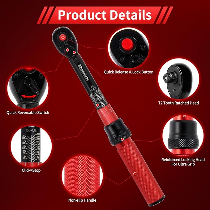 Torque Wrench Bicycle,1/4 inch drive 2.3-24.9 N.M/20-220IN.LB, Bike Torque Wrench Set,30PCS Click Torque Wrenches with 1/4 Ratchet Wrench, Extension Bar, Sockets for Bicycle