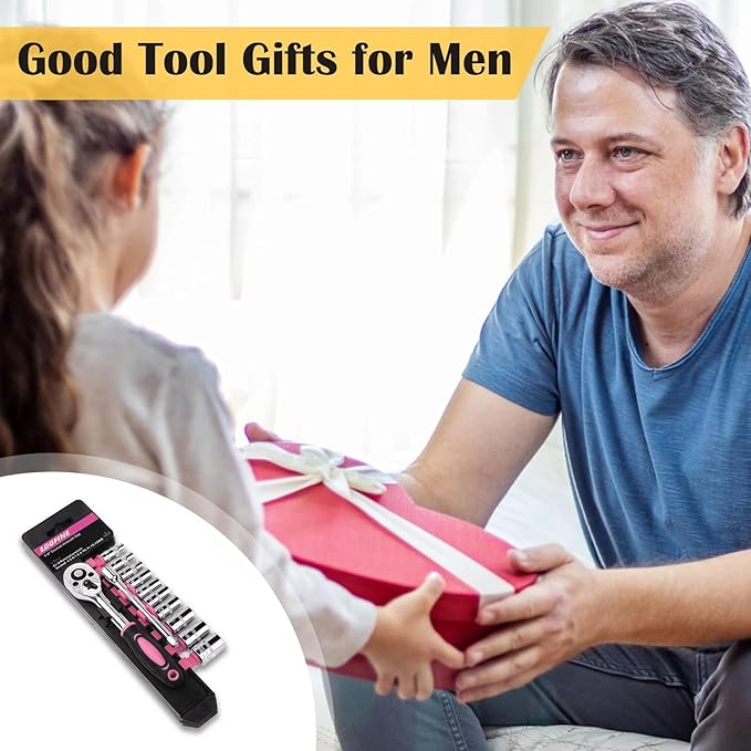 Egofine 12pcs 1/4 Inch Mini Ratchet Socket Wrench Set, Drive Socket Set with 10 Sockets (4-13mm) and 2 Way Quick Released Ratchet Handle and Extension Bar, Pink
