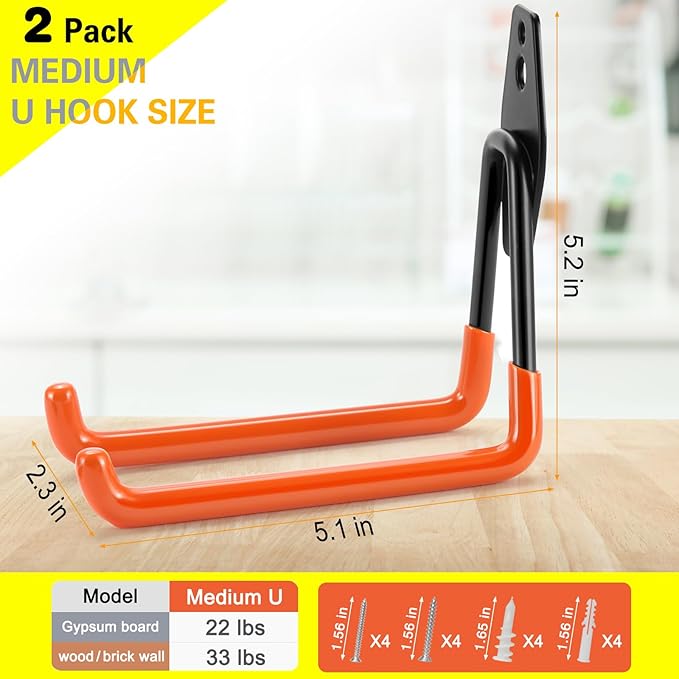 2 Pack Garage Hooks Heavy Duty Storage Organizer Wall Mount Power and Garden Tool Hangers, for Hanging Ladders, Ropes, Hose, Bulk Items