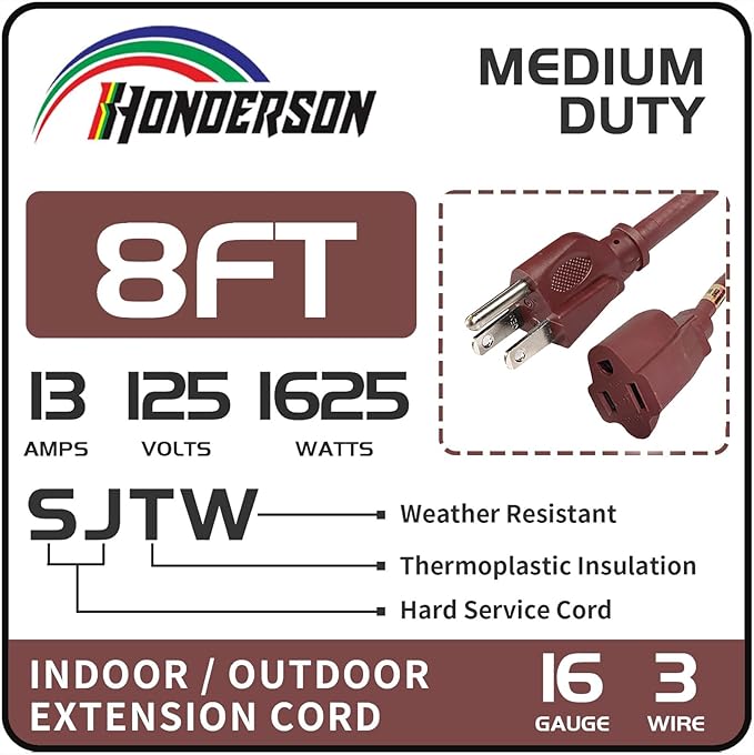 8FT Brown Outdoor Extension Cord-16/3 SJTW Durable Extension Cord for Christmas Lights with 3 Prong Grounded Plug, Great for Outside Christmas Decorations