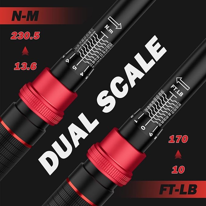 VANPO 1/2-inch Drive Click Torque Wrench,10-170 Ft-Lb/13.6-230.5 Nm, Adjustable Torque Wrench Set with 1/2" to 3/8" Adapter, 125mm Extension Bar, 72-Tooth Torque Wrench for Moto, Car Maintenance