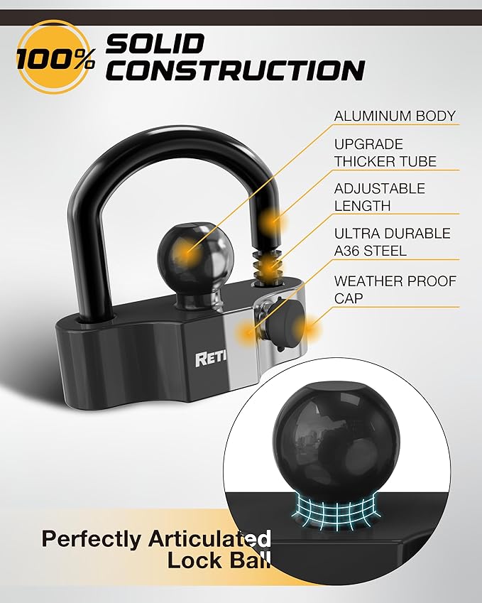 RETRUE Universal Coupler Lock Trailer Locks Ball Hitch Trailer Hitch Lock Adjustable Security Heavy-Duty Steel Fits 1-7/8 Inch, 2 Inch, 2-5/16 Inch Couplers Black