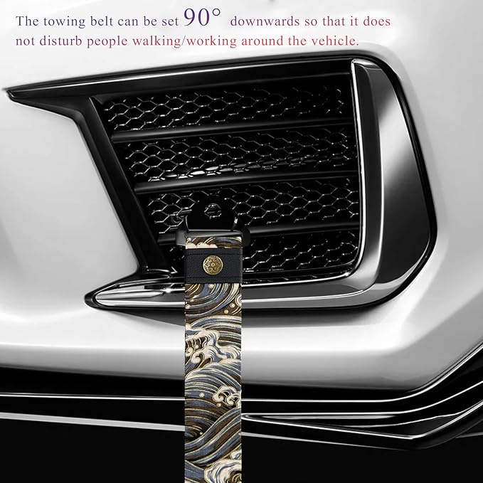 DXNQ Racing Tow Strap, Car Modification JDM Sports Bumper Decorative Traction Rope Trailer Belt, High Strength Nylon Universal Towing Strap Trailer Hook for Front or Rear Bumper (Waves Black)