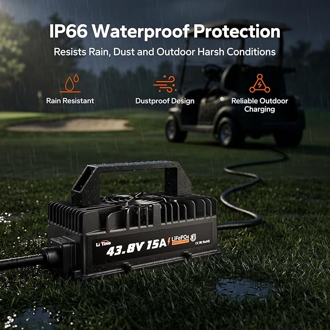 LiTime 36V (43.8V) 15A Lithium Battery Charger, IP66 Waterproof AC-DC LiFePO4 Battery Charger Support 0V Wake Up, Overcharge & High-Temp Protection Trickle Charger for Golf Cart, RV, Boat