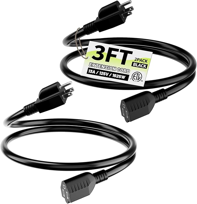16/3 Black Indoor Outdoor Extension Cord 3 Ft 2 Pack Waterproof, Extension Cord with 3 Prong Grounded Plug,13A 1625W 16AWG SJTW, Flexible Weatherproof Power Cable