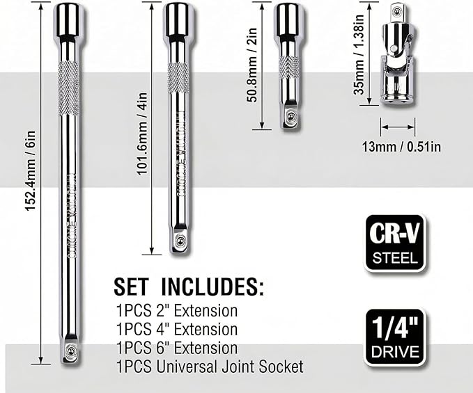 EMSTAR 4PCS 1/4" Drive Socket Extension Set, 2", 4", 6" (50mm, 100mm, 150mm) Bars with Universal Joint, Premium Cr-V Steel
