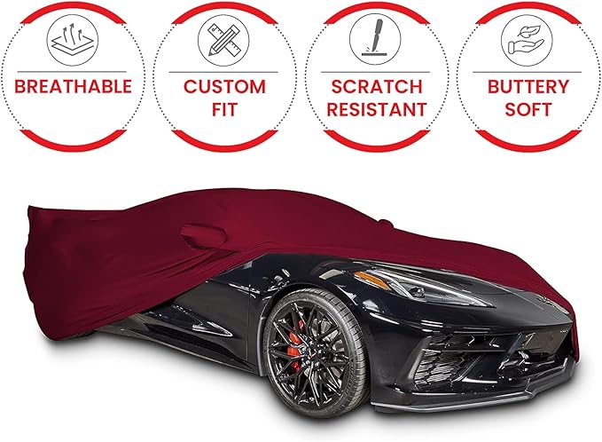 SR1 Performance USA Ultraguard Corvette Car Cover Custom Fit for C8 Corvette (2020-2026) – Indoor Stretch Satin Dust Protection, Soft Breathable Snug Fit (Dark Red)