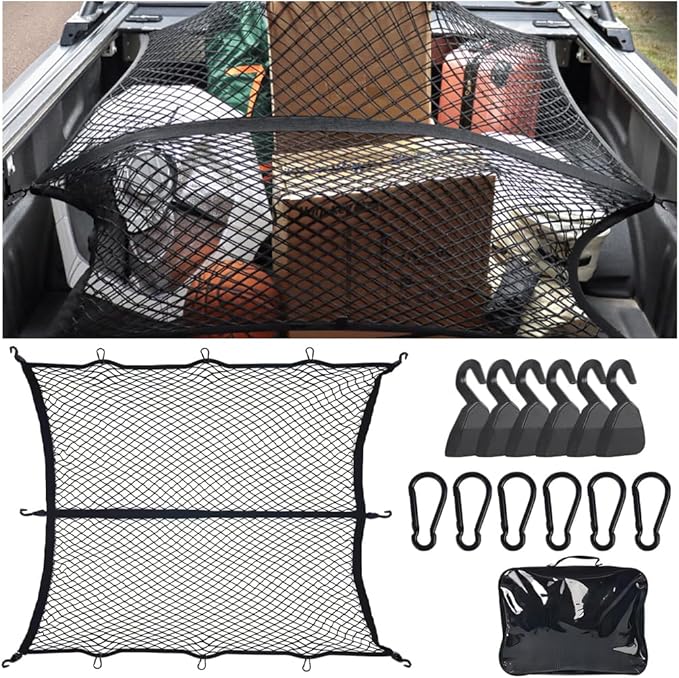 Zpana Cargo Net for Pickup Truck Bed, High Elastic Vehicle Netting with 6 Metal Carabiner Hooks, Stretchable Automotive Mesh Storage Organizer Accessories, Universal for SUV, Sedan, Truck