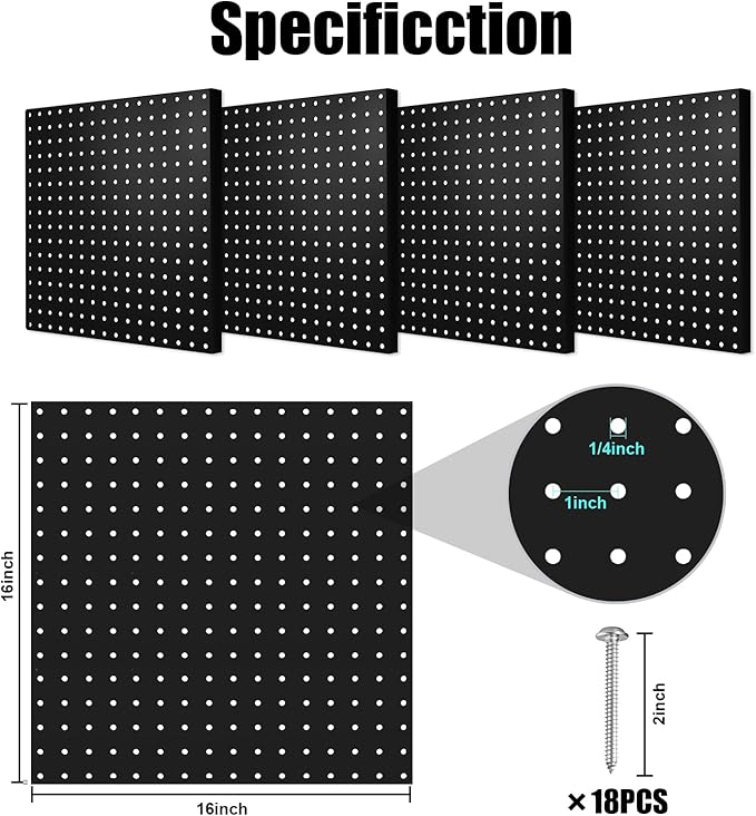Pegboard, 4 PCS 16”×16” Large Heavy Duty Metal Pegboard Panels with Frame Black Peg Board Display Peg Boards for Walls, Display, Garage Tool Storage, Office Organization, Craft Room, Kitchen