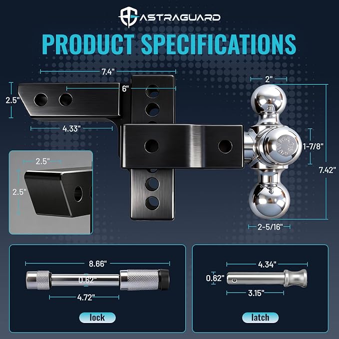 Adjustable Trailer Hitch Fit 2.5 Inch Receiver, Tri-Ball (1-7/8", 2", 2-5/16") Heavy Duty Aluminum Tow Hitches with 6 Inch Rise/Drop for Truck (18500 LBS GTW)-Weatherproof & Anti-Theft