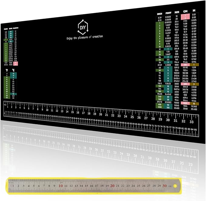 Workbench Mat, 35.5" X 16" DIY Silicone Rubber Large Work Bench Table Hobby Neoprene Tool Mat Pad Ruler Set with SAE/Metric Ruler Standard Metric Conversion Charts