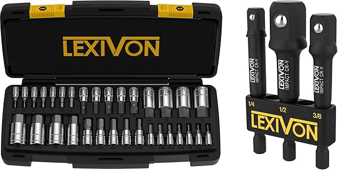 LEXIVON Master HEX Bit Socket Set, Complete 32-Piece made from Premium S2 Alloy Steel + Impact Grade Socket Adapter Set, 3" Extension Bit With Holder | 3-Piece 1/4", 3/8", and 1/2" Drive