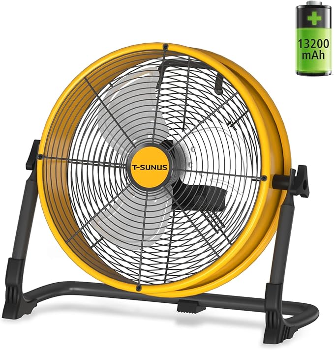 T-SUNUS 12" Rechargeable Floor Fan, 1500 CFM High Velocity Cordless Fan with 13200mAh Battery, 27H Runtime, Metal Industrial Fan, 360° Tilt, AC Charger for Camping, RV, Garage & Emergency