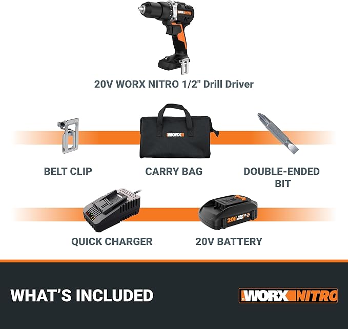 Worx WX102L Nitro Cordless Drill/Driver, Battery Included, 20 V, 2 Ah, 1/2 in Chuck, Ratcheting Chuck