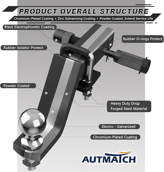 AUTMATCH Trailer Hitch Ball Mount with 2 Inch Hitch Ball - Fits 2" Receiver with Hitch Tightener, 8000Lbs Capacity Ball Hitch, 6-Inch Drop with 5/8" Hitch Lock Pin, Black