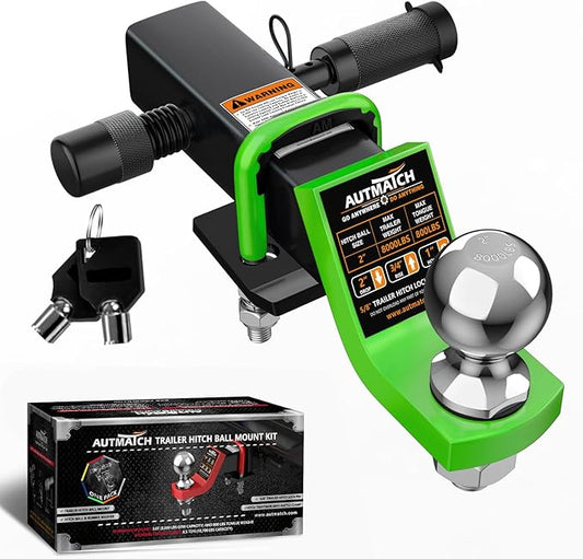 AUTMATCH Trailer Hitch Ball Mount with 2 Inch Hitch Ball - Fits 2" Receiver with Hitch Tightener, 8000Lbs Capacity Ball Hitch, 2-Inch Drop with 5/8" Hitch Lock Pin, Green & Black