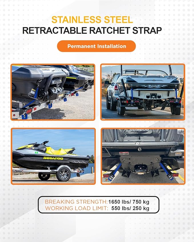 Strapinno 2PCS Stainless Steel Retractable Ratchet Straps (1 7/8 in x 4 ft) Transom Tie Downs for Boat Trailer - Extra Mounting Brackets & Bolt Set, Safety Latch S-Hook, Break Strength 1,650LB/750KG